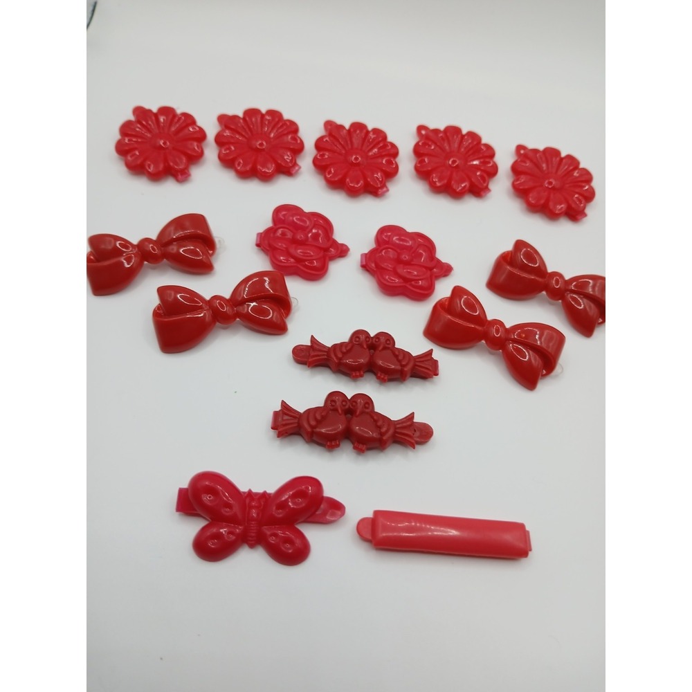 Lot 15 Vintage Childs Snap Tight Plastic Hair Clip Barrettes Kids Goody Red